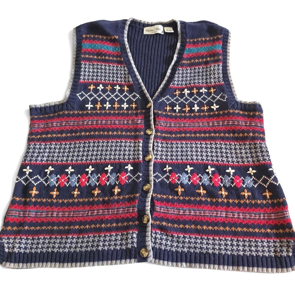 Vintage 90s Baxter Wells Woman Fair Isle Sweater Grandma Vest Navy Women's 2X
